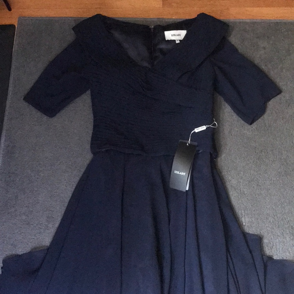 Dark blue off the shoulders formal dress.